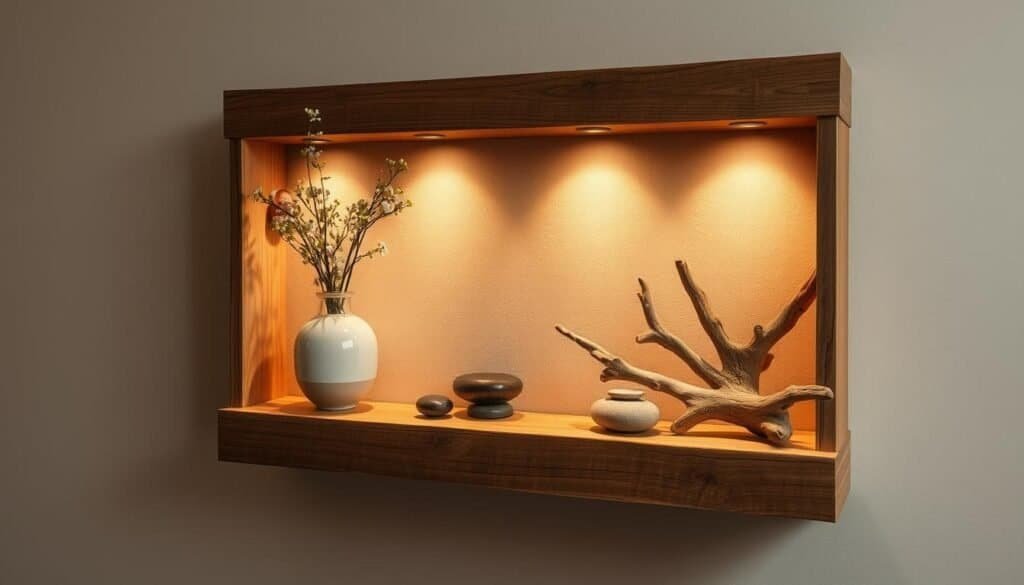 A rustic wooden shelf adorned with a curated collection of natural elements, casting warm, ambient lighting across the scene. The shelf's textured surface complements the delicate floral arrangements, polished stones, and artfully placed driftwood accents. The composition is framed by a neutral-toned wall, creating a tranquil and inviting atmosphere. Soft shadows add depth and dimension, while the overall lighting evokes a serene, homey ambiance. Photographed at a medium angle to showcase the shelf's proportions and the thoughtful styling of its décor elements.