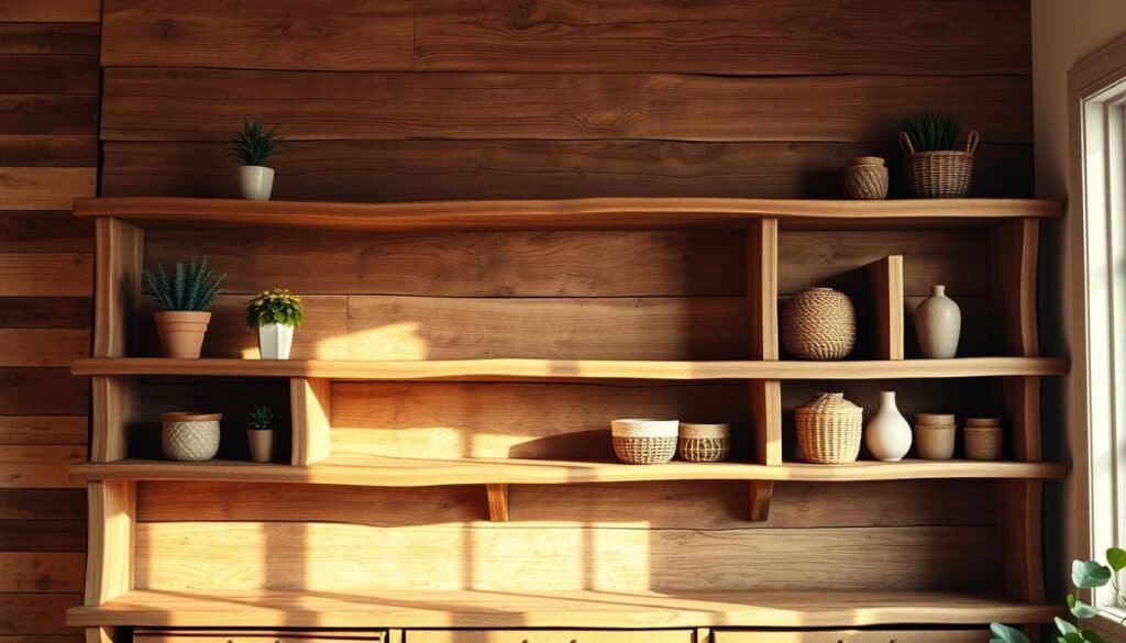A rustic wooden shelving unit with aged and weathered boards, arranged in a staggered, asymmetrical pattern against a backdrop of warm, natural lighting. The shelves are adorned with subtle, earthy-toned decorative elements like potted plants, woven baskets, and simple ceramic vases. The overall composition exudes a cozy, cabin-like ambiance, perfect for displaying personal items and complementing a rustic bedroom aesthetic.