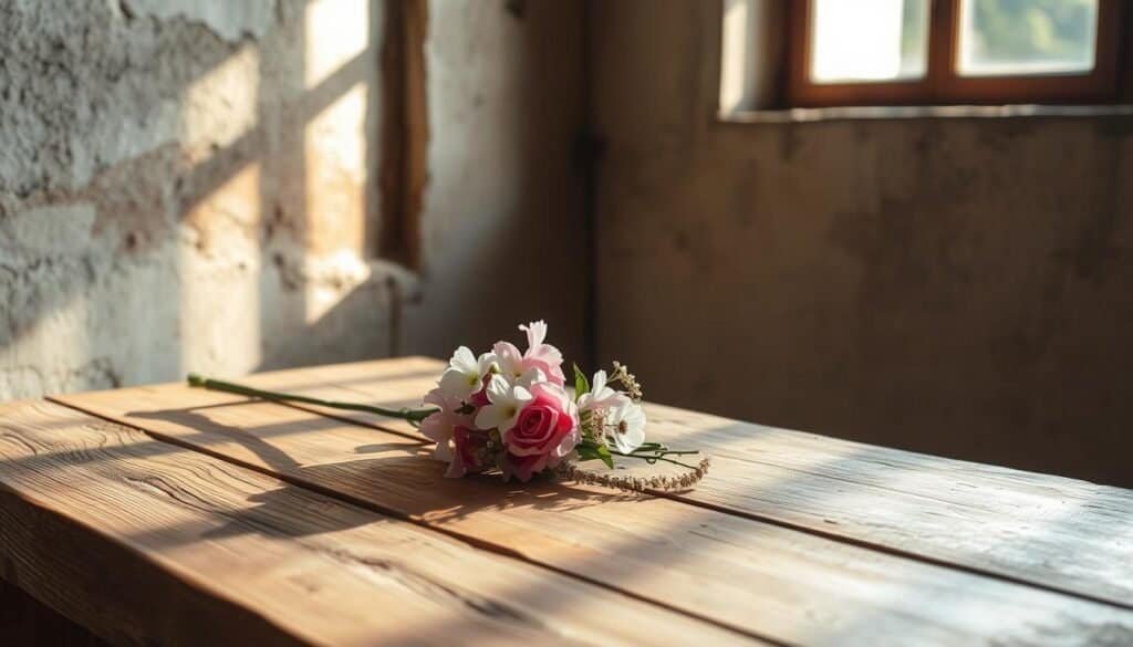 A rustic wooden table with a simple floral arrangement, sunlight streaming through a nearby window, casting warm shadows across the surface. The table's weathered, unfinished planks contrast with the delicate petals of the flowers, creating a sense of timeless, old-world charm. In the background, a worn, textured wall adds depth and character to the scene. The lighting is soft and natural, capturing the tranquil, calming atmosphere of the moment.