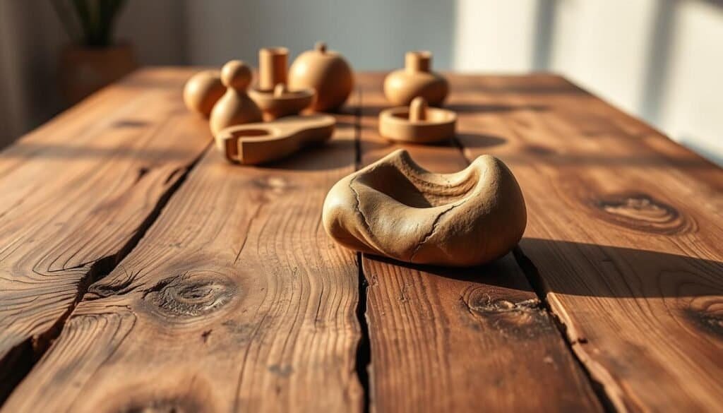 A rustic wooden tabletop with natural knots and grains, adorned with handcrafted decorative elements. Warm, soft lighting casts gentle shadows, highlighting the textural details. In the foreground, a small, organic-shaped wooden sculpture sits atop the surface, its weathered finish complementing the raw, reclaimed wood. The middle ground showcases a collection of simple, yet visually appealing wooden trinkets, arranged in a visually balanced composition. The background features a neutral, minimalist setting, allowing the natural beauty of the wooden decor to take center stage. The overall scene conveys a sense of rustic charm and sustainable craftsmanship.