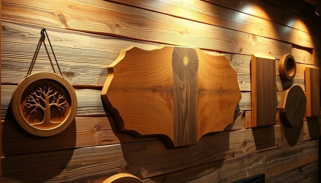 A rustic wooden wall adorned with handcrafted artworks, each piece a unique blend of natural textures and warm tones. In the foreground, a circular wall hanging featuring a carved tree motif casts gentle shadows, while further along the wall, a series of rectangular plaques showcase intricate woodgrain patterns. The middle ground is dominated by a large, irregularly shaped wooden plaque with a distressed finish, its surface adorned with a simple yet striking geometric design. The background is a softly-lit expanse of weathered, knotted wood planks, radiating a cozy, inviting atmosphere. Warm lighting from hidden sources accentuates the natural beauty of the materials, creating a harmonious and visually captivating display of rustic wall art.
