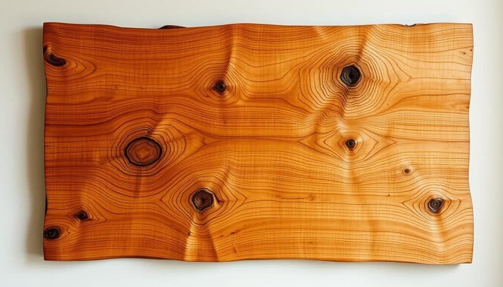 A rustic wooden wall art piece, featuring a bold, textured abstract design. Warm tones of natural oak wood grains and knots create a striking focal point. Soft, directional lighting casts gentle shadows, accentuating the depth and tactile quality of the handcrafted surface. The artwork is framed simply, allowing the raw, organic beauty of the wood to shine. Positioned on a neutral-toned wall, this sculptural statement piece commands attention and adds depth and visual interest to the space.