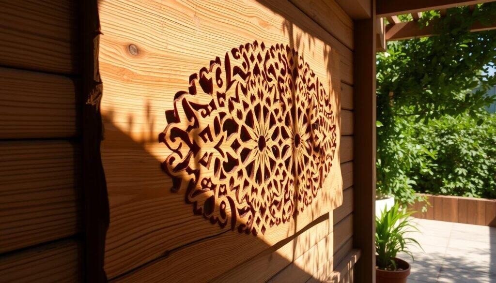 A rustic wooden wall hanging, its intricate carved patterns casting intricate shadows across a sun-dappled patio. The smooth, weathered grain of the wood is accented by warm, natural lighting, creating a cozy, inviting atmosphere. In the background, lush greenery frames the scene, adding a touch of tranquility. The piece is carefully crafted, with attention to detail that elevates it from a simple decoration to a true work of art, perfectly suited to brighten and enliven any outdoor living space.