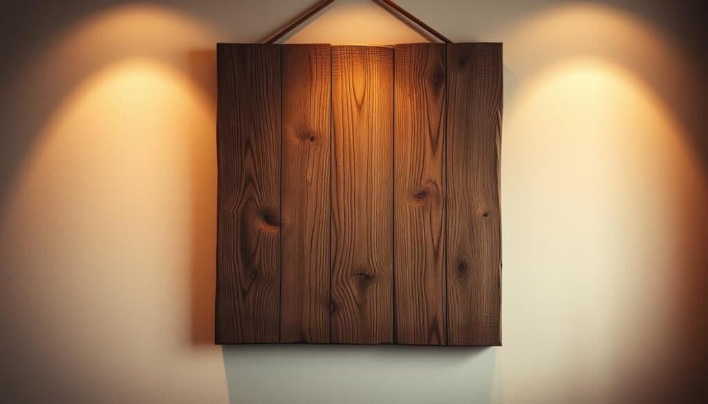 A rustic wooden wall hanging, its weathered surface capturing the natural grain and knots of the wood. Soft, warm lighting casts a gentle glow, highlighting the tactile texture and imperfections that lend the piece an authentic, handcrafted charm. The composition features the wall art centered in the frame, allowing its simple elegance to take center stage, against a backdrop of neutral-toned walls that complement the earthy tones of the wood. The lighting is balanced, creating depth and dimension, while maintaining a cozy, inviting ambiance. The overall scene exudes a sense of warmth, natural beauty, and rustic sophistication, perfectly suited to elevate the home's decor.