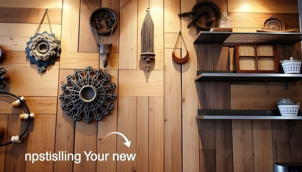 A rustic wooden wall showcasing various decorative accents, including a mix of natural wood planks, carved wall hangings, and minimalist metal shelves. The lighting casts a warm, inviting glow, highlighting the intricate textures and grain patterns of the wood. The overall composition creates a cozy, inviting atmosphere suitable for a charming kitchen setting. The image captures the essence of the "Installing Your New Kitchen Shelf" section, providing visual inspiration for the reader.