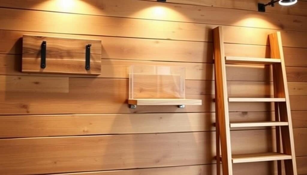 A rustic wooden wall with three budget-friendly shelf options. The first shelf is a simple plank of reclaimed wood, supported by minimalist black metal brackets. The second shelf is a floating box-style shelf with a natural wood finish and clean lines. The third shelf is a classic ladder-style design, crafted from sturdy oak with a warm, matte varnish. Soft, directional lighting from above casts a cozy glow, highlighting the natural grain and texture of the wood. The overall scene evokes a sense of warmth, simplicity, and thoughtful design in a modern home décor setting.