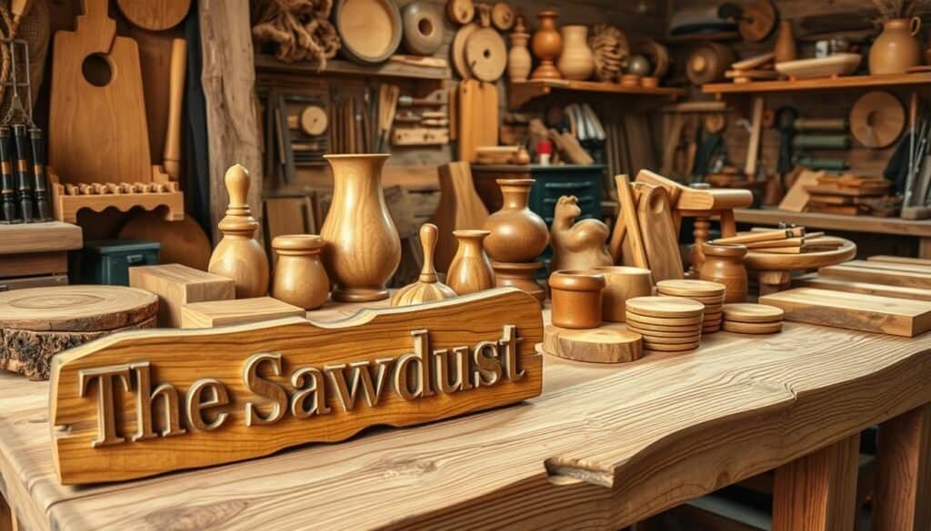 A rustic wooden workbench filled with various handmade wood crafts, including intricate carving, smooth sanded furniture, and a range of decorative items. In the foreground, a hand-carved sign reads "The Sawdust Man", showcasing the skilled craftsmanship. The lighting is warm and natural, highlighting the rich textures and tones of the wood. The middle ground features a selection of functional and visually appealing pieces, such as a wooden vase, a small side table, and a set of coasters. The background showcases a well-organized workshop, with neatly arranged tools and materials, conveying a sense of productivity and professionalism. The overall atmosphere is one of rustic charm and the promise of profitable, high-quality wood crafts. A rustic wooden workbench filled with various handmade wood crafts, including intricate carving, smooth sanded furniture, and a range of decorative items. In the foreground, a hand-carved sign reads "The Sawdust Man", showcasing the skilled craftsmanship. The lighting is warm and natural, highlighting the rich textures and tones of the wood. The middle ground features a selection of functional and visually appealing pieces, such as a wooden vase, a small side table, and a set of coasters. The background showcases a well-organized workshop, with neatly arranged tools and materials, conveying a sense of productivity and professionalism. The overall atmosphere is one of rustic charm and the promise of profitable, high-quality wood crafts.