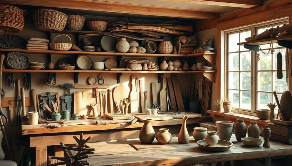 A rustic wooden workbench in a cozy, sun-dappled workshop, adorned with an assortment of repurposed tools and half-finished DIY projects. Shelves lining the walls display an array of natural textures and organic materials – woven baskets, driftwood, river stones. Soft, warm lighting filters through the windows, casting a golden glow over the scene. In the foreground, a mix of reclaimed wood, hand-carved accents, and earthy ceramics suggest a budding home décor project. The overall atmosphere is one of humble craftsmanship, simple pleasures, and a touch of modern farmhouse charm.