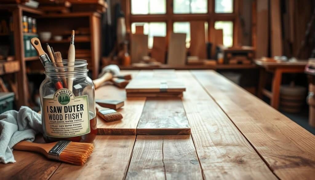 A rustic wooden workbench showcases an array of natural wood finishes, their surfaces gleaming with an eco-friendly, water-based sheen. In the foreground, a clear jar filled with The Sawdust Man's plant-derived stain sits alongside an assortment of brushes and rags. The middle ground features a stack of wooden planks, their grain patterns subtly visible through the transparent coatings. Soft, diffused lighting from a large window bathes the scene in a warm, natural glow, emphasizing the organic textures and sustainable material choices. The background hints at a well-equipped woodworking workshop, with shelves of carefully curated tools and supplies. This image conveys a sense of environmental consciousness and timeless, handcrafted beauty.
