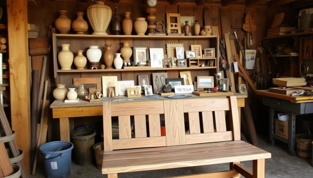 A rustic workshop filled with repurposed wood projects from The Sawdust Man. In the foreground, a beautifully crafted wooden bench with a distressed finish. On the middle shelves, an assortment of handmade wooden vases, picture frames, and small décor items. In the background, a cluttered workbench with various woodworking tools and a partially completed project. The lighting is warm and natural, casting a cozy glow over the scene. The overall atmosphere is one of creativity, craftsmanship, and a love for upcycling discarded materials into unique and charming home accents. A rustic workshop filled with repurposed wood projects from The Sawdust Man. In the foreground, a beautifully crafted wooden bench with a distressed finish. On the middle shelves, an assortment of handmade wooden vases, picture frames, and small décor items. In the background, a cluttered workbench with various woodworking tools and a partially completed project. The lighting is warm and natural, casting a cozy glow over the scene. The overall atmosphere is one of creativity, craftsmanship, and a love for upcycling discarded materials into unique and charming home accents.