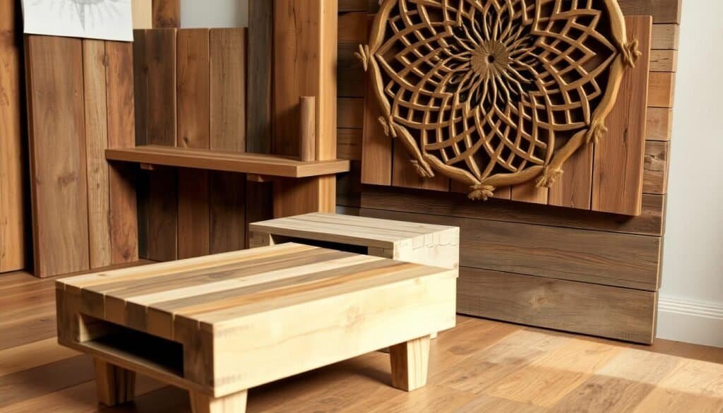 A rustic yet charming arrangement of pallet wood creations, crafted with meticulous attention to detail. Weathered planks in varying hues of brown and gray, artfully assembled into a visually captivating display. In the foreground, a sleek side table with a distressed finish, its simple yet elegant design complementing the natural beauty of the wood. The middle ground showcases a handcrafted shelf, its rough-hewn edges and imperfections adding character and depth. In the background, a stunning wall hanging, its intricate pattern carved into the reclaimed wood, casting subtle shadows that dance across the surface. The lighting is soft and diffused, highlighting the unique textures and grains of the pallet wood, creating a warm, inviting atmosphere. The overall composition exudes a sense of rustic sophistication, perfectly suited to enhance any modern or farmhouse-inspired living space.