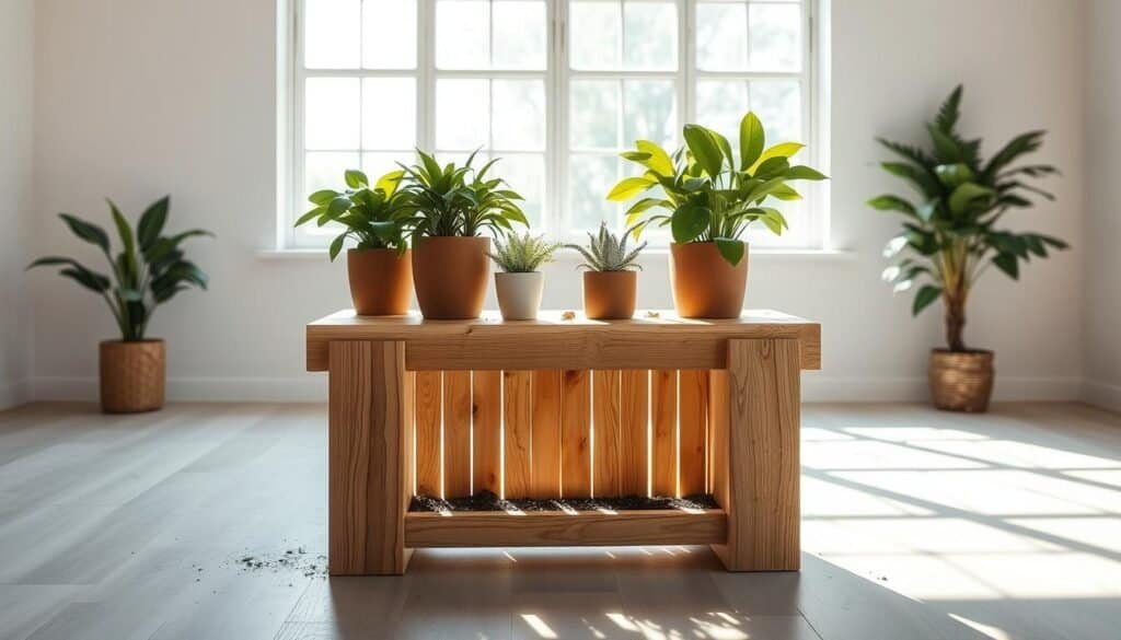 A rustic yet modern wooden plant stand situated in a well-lit, airy room. The stand features clean, simple lines and a natural wood grain finish, complementing the lush greenery of the potted plants atop. Soft, diffused daylight filters through large windows, casting warm shadows and highlights across the scene. The stand is positioned in the foreground, with a minimalist, uncluttered background allowing the craftsmanship and plants to take center stage. Subtle textures in the wood and soil add depth and visual interest, creating an inviting, tranquil atmosphere perfect for a DIY home décor project.