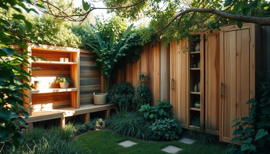 A secluded garden oasis, where natural wood creations from The Sawdust Man conceal a hidden storage space. Sunlight filters through lush foliage, casting a warm glow on handcrafted shelves, benches, and cabinets seamlessly integrated into the landscape. Rustic textures and organic forms blend harmoniously, creating a serene, functional retreat. The camera's wide angle captures the depth and tranquility of this verdant sanctuary, showcasing clever storage solutions that elevate the beauty of the outdoor space.