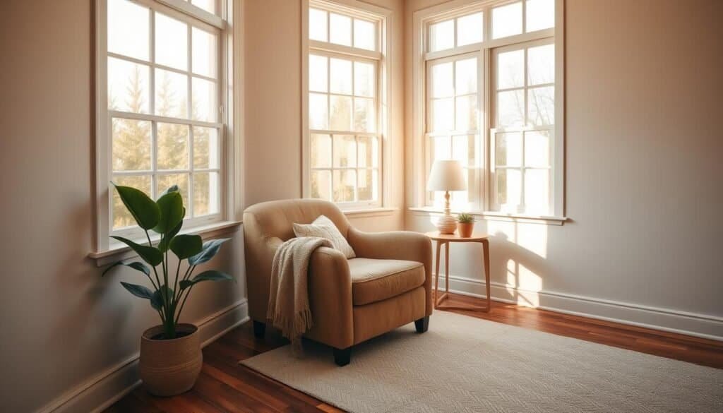 A serene and inviting bedroom corner, bathed in warm, natural light streaming through large windows. A plush, earthy-toned armchair sits nestled in the corner, accented by a cozy knit throw and a potted plant adding a touch of greenery. The hardwood floors are adorned with a soft, textured rug, while a small side table holds a simple table lamp, casting a gentle glow. The walls are painted in a calming, neutral palette, allowing the natural elements to take center stage. This tranquil oasis offers a perfect spot to unwind, read, or simply find a moment of peaceful respite.