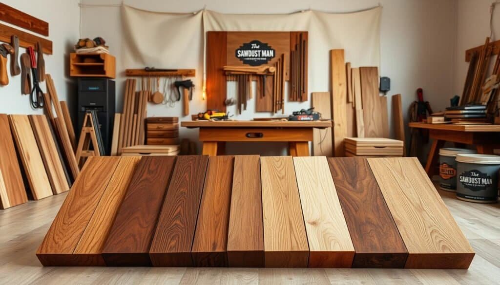 A serene and well-lit studio setting showcasing an array of natural wood samples and various stains from "The Sawdust Man" brand. The foreground features a selection of wooden boards in different grain patterns, each elegantly coated with a range of stain hues that accentuate the wood's inherent beauty. The middle ground displays various woodworking tools and accessories, creating a sense of a professional yet inviting workspace. In the background, a neutral-toned backdrop complements the warm tones of the wood, allowing the natural textures and colors to take center stage. Soft, diffused lighting casts gentle shadows, highlighting the depth and character of the grain. The overall composition conveys a harmonious and inspirational atmosphere for woodworking enthusiasts.