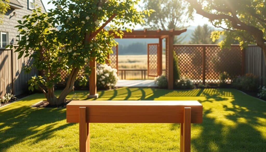 A serene backyard oasis, bathed in warm afternoon sunlight. A handcrafted wooden bench stands in the foreground, its simple lines and natural grain inviting visitors to pause and take in the tranquil scene. Behind it, a rustic wooden trellis supports a lush, flowering vine, casting dappled shadows on the neatly manicured lawn. In the distance, a wooden gazebo or pergola frames a picturesque view, its intricate latticework casting mesmerizing patterns on the ground below. The overall atmosphere is one of effortless charm and understated elegance, showcasing the beauty and versatility of natural, handmade elements in the outdoor space.