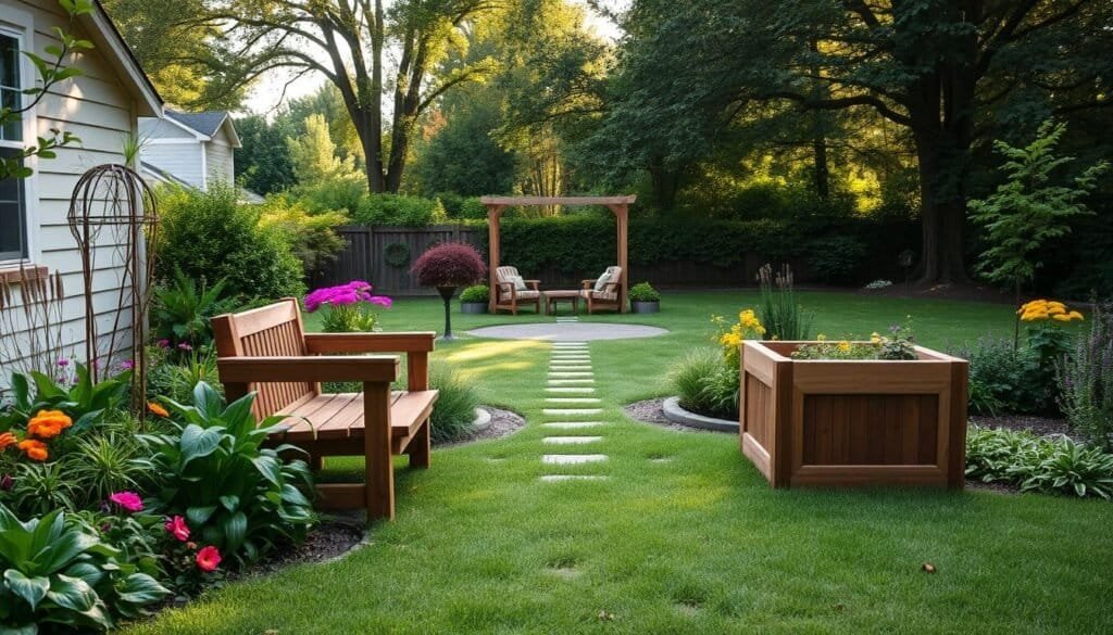 A serene backyard oasis with a custom-built wooden bench and planters from The Sawdust Man. The foreground features a rustic, hand-crafted bench surrounded by lush greenery and vibrant flowers. In the middle ground, a small pathway leads to a secluded seating area, bathed in warm, natural lighting. The background showcases a well-manicured lawn and mature trees, creating a peaceful, tranquil atmosphere. The overall composition emphasizes the harmony between the natural and the man-made, inviting the viewer to imagine themselves relaxing in this idyllic backyard nook.