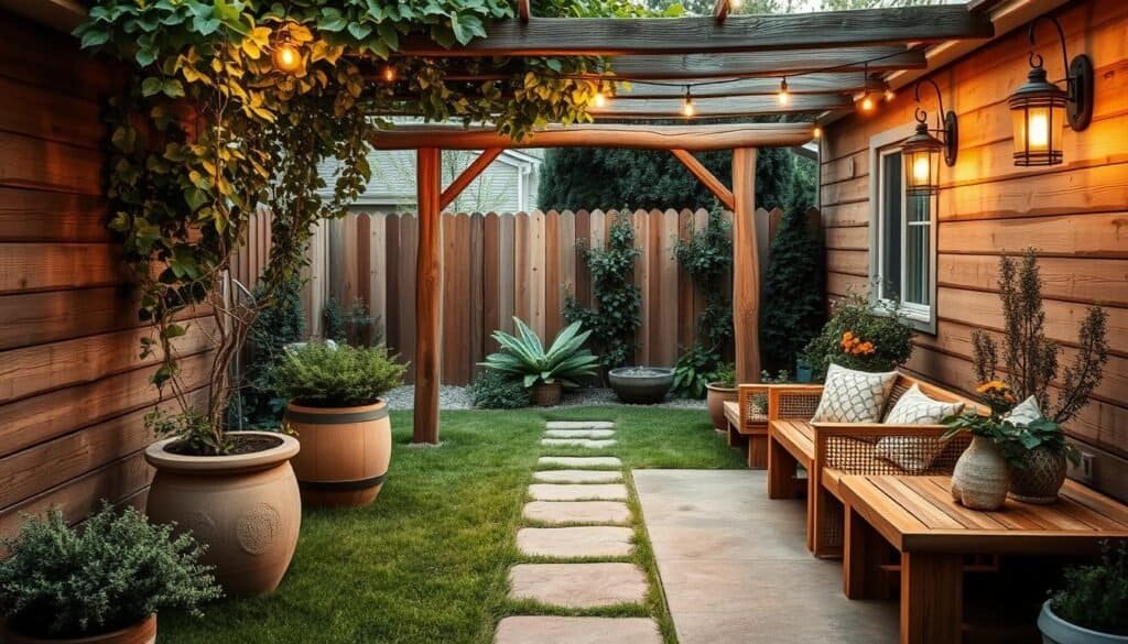 A serene backyard with a warm, rustic ambiance. Smooth, weathered wooden accents adorn the space, including a charming arbor or trellis draped with lush vines. Textured wooden planters and benches dot the scene, complemented by the rich hues of natural wood. Soft, diffused lighting casts a gentle glow, highlighting the organic textures and bringing a sense of coziness to the outdoor retreat. The composition showcases the versatility of wooden elements in creating a welcoming and inviting backyard atmosphere.