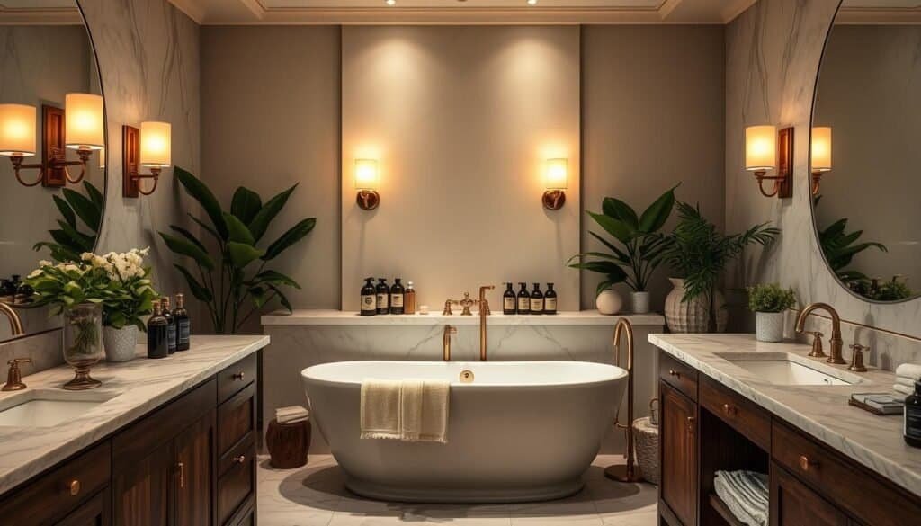A serene bathroom sanctuary with a spa-like ambiance. Polished marble countertops, gleaming brass fixtures, and lush greenery adorn the space. Soft, diffused lighting casts a warm glow, creating an inviting atmosphere. A freestanding tub takes center stage, surrounded by plush towels and a selection of artisanal bath products. Elegant sconces flank a large mirror, reflecting the room's tranquil essence. Wooden accents, such as a vanity and shelving, add natural texture and warmth. The overall effect is one of luxurious relaxation, transporting the viewer to a private oasis of comfort and rejuvenation.