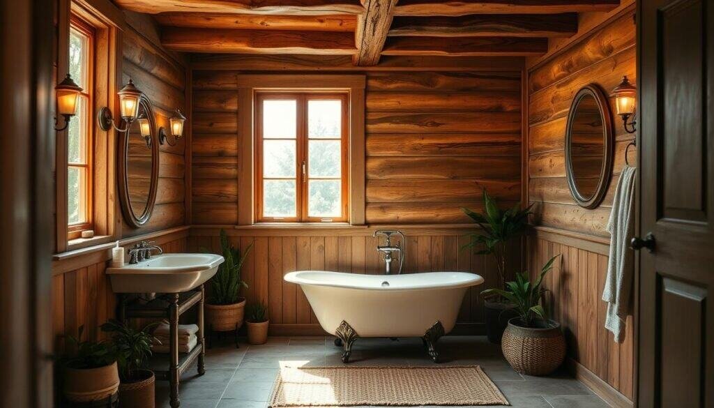 A serene bathroom with rustic charm, illuminated by soft natural light streaming through a large window. Wooden beams and paneling line the walls, complemented by earthy-toned tiles and a claw-foot bathtub. A worn vintage mirror and metal sconces add to the character, while potted plants and a woven rug bring organic textures. Warm, ambient lighting casts a cozy glow, creating a tranquil, spa-like atmosphere perfect for relaxation.