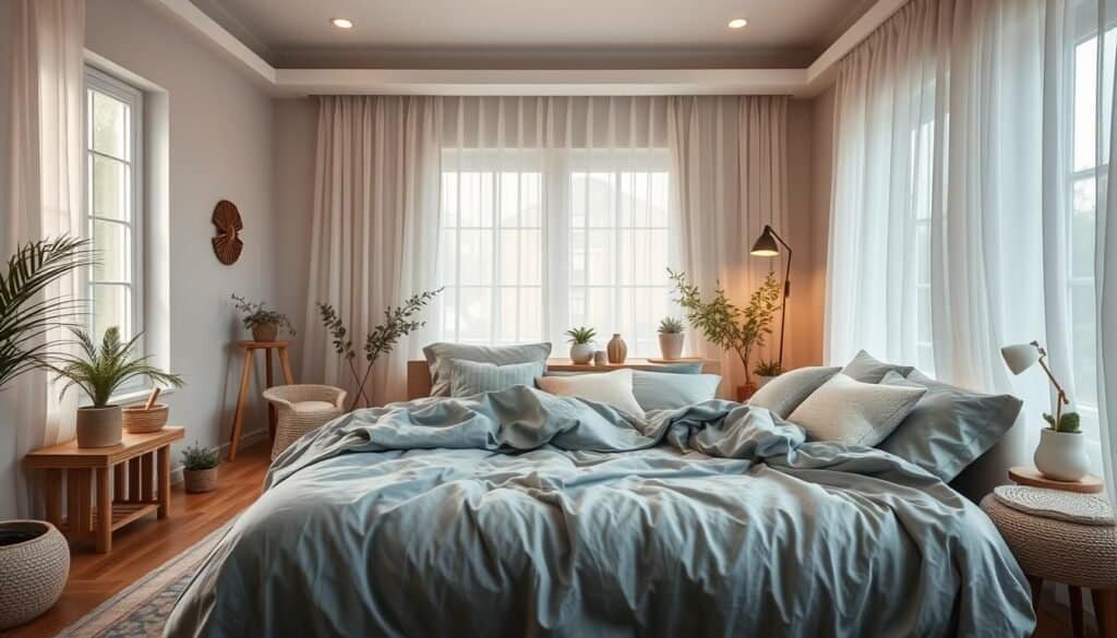 A serene bedroom interior with a plush, oversized bed draped in soft, muted linens in shades of blue, gray, and cream. The walls are painted in a soothing, neutral tone, creating a peaceful ambiance. Delicate, sheer curtains frame the windows, allowing natural light to filter in gently. Scattered throughout the room are decorative elements like potted plants, wooden furniture, and textured throw pillows, all contributing to a calming, organic atmosphere. The lighting is warm and diffused, casting a gentle glow that promotes relaxation. The overall scene conveys a sense of tranquility and comfort, ideal for a restful night's sleep.