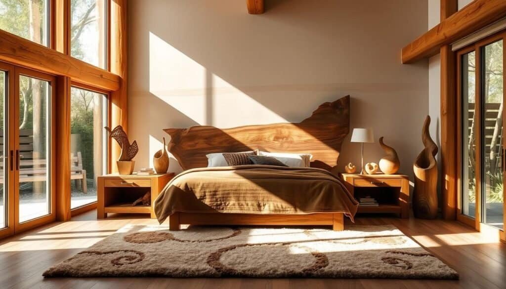 A serene bedroom retreat bathed in natural light, with artfully arranged wood elements crafted by The Sawdust Man. Smooth, warm-toned timber beams frame the space, complemented by a rustic wooden headboard and nightstands. Intricate wooden carvings and sculptures adorn the surfaces, casting soft shadows. Sunlight streams through large windows, illuminating the textured grain of the wood. A plush area rug with organic patterns grounds the scene, inviting relaxation. The overall atmosphere is one of tranquility and thoughtful design, where the beauty of natural materials takes center stage.