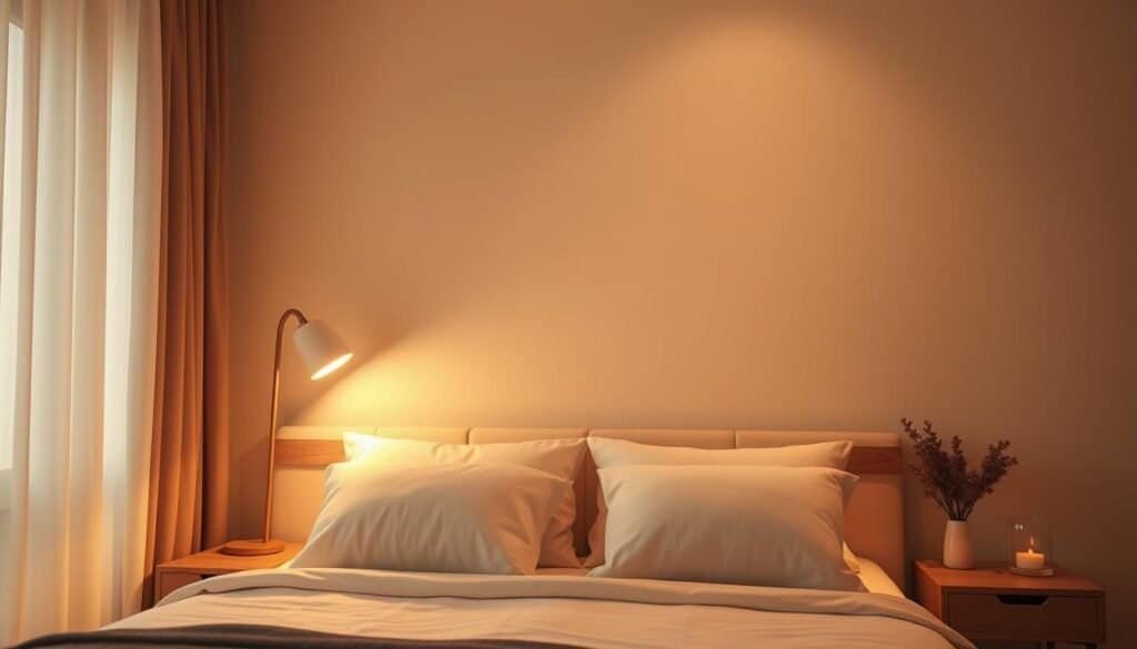 A serene bedroom with warm, diffused lighting gently illuminating the space. Soothing bedside lamps with soft, ambient glow casting a tranquil ambiance. Elegant, minimalist fixtures with natural wood accents blend seamlessly into the cozy, neutral-toned décor. Layered lighting including a subtle, dimmable ceiling fixture creates a calming, gradual wake-up experience. Soft, filtered daylight filters in through sheer curtains, completing the gentle, harmonious lighting design for a peaceful, rejuvenating start to the day. A serene bedroom with warm, diffused lighting gently illuminating the space. Soothing bedside lamps with soft, ambient glow casting a tranquil ambiance. Elegant, minimalist fixtures with natural wood accents blend seamlessly into the cozy, neutral-toned décor. Layered lighting including a subtle, dimmable ceiling fixture creates a calming, gradual wake-up experience. Soft, filtered daylight filters in through sheer curtains, completing the gentle, harmonious lighting design for a peaceful, rejuvenating start to the day.