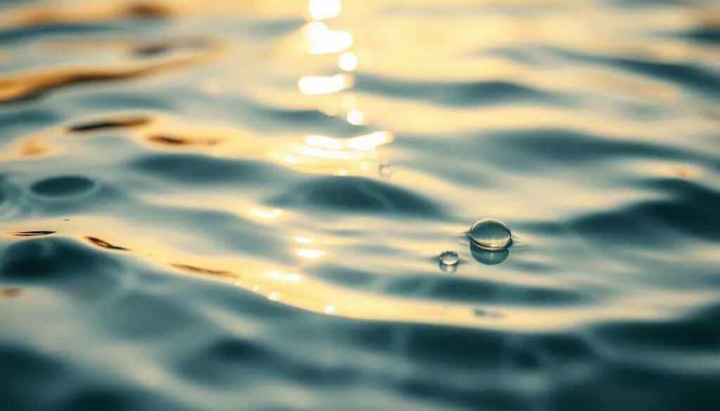 A serene close-up of gently rippling water, captured by a high-quality camera lens with a shallow depth of field. The surface reflects the warm, diffused lighting from above, creating a mesmerizing play of light and shadow. Translucent water droplets cling to the edges, refracting the light in a captivating way. The overall mood is one of tranquility and fluidity, inviting the viewer to pause and immerse themselves in the calming, natural texture.