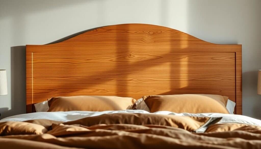 A serene, cozy bedroom with a warm, inviting wooden headboard as the focal point. The headboard is crafted from rich, smooth oak, its natural grain patterns casting intricate shadows in the soft, diffused lighting. The headboard is positioned against a wall with a neutral, muted color palette, allowing the wood's beauty to shine. In the foreground, plush bedding and pillows in earthy tones create a sense of comfort and relaxation. The overall scene conveys a peaceful, tranquil atmosphere, perfect for settling the mind and body.