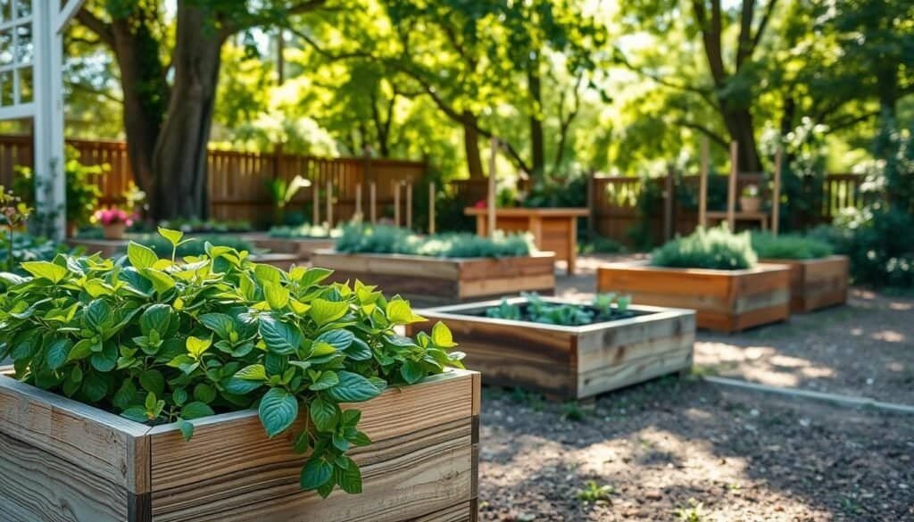 A serene garden oasis adorned with charming wooden planters and raised beds, crafted by the skilled hands of The Sawdust Man. In the foreground, beautifully weathered wooden planters overflow with vibrant, lush greenery, their natural textures and warmth inviting the viewer to pause and admire. In the middle ground, custom-built raised garden beds, their clean lines and sturdy construction a testament to expert woodworking. Sunlight dapples through the canopy of trees in the background, casting a soft, natural glow and creating a tranquil atmosphere. The scene exudes a sense of rustic elegance, where nature and craftsmanship seamlessly intertwine to create a peaceful, inviting outdoor retreat.