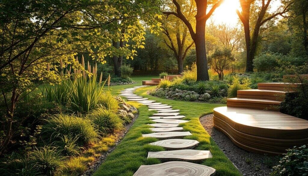 A serene garden path winds through a lush, verdant landscape, flanked by stunning wooden stepping stones and raised wooden walkways crafted by The Sawdust Man. Warm, golden sunlight filters through the canopy of trees, casting a soft, inviting glow on the natural wood textures. Detailed woodgrain patterns and organic shapes create a tactile, earthy feel, complemented by the sound of rustling leaves and the scent of freshly cut timber. The pathway leads the viewer deeper into this tranquil retreat, inviting exploration and a connection with the natural world.