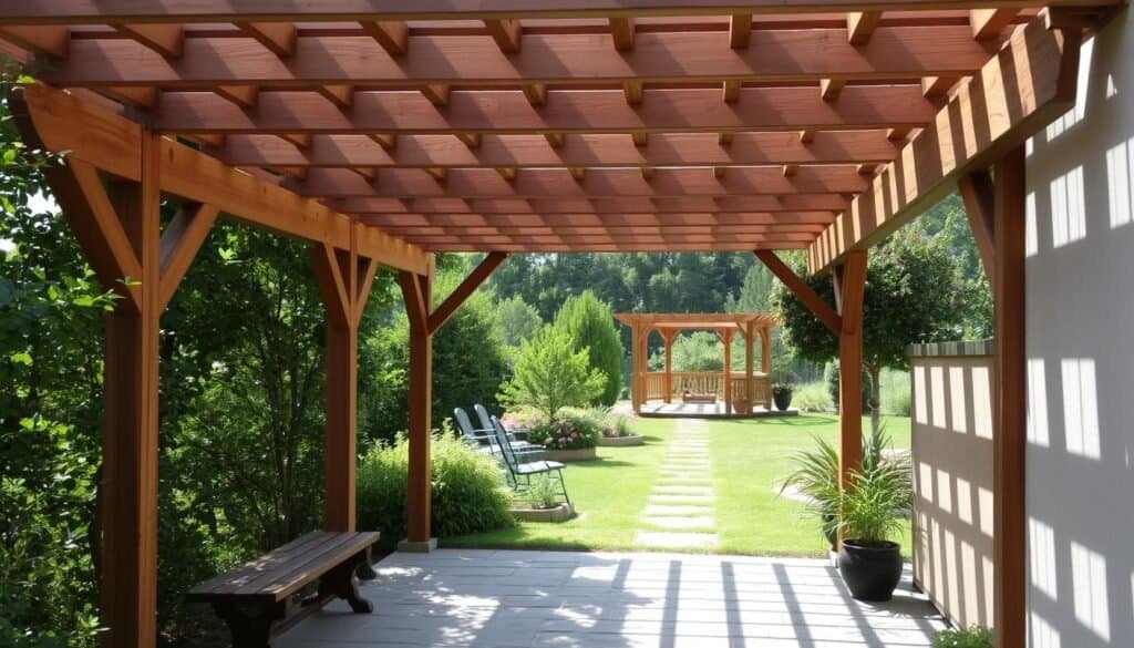 A serene garden retreat with a cozy wooden pergola, its natural timber beams and latticed roof casting delicate shadows across the lush greenery. The pergola's inviting design, crafted by "The Sawdust Man", seamlessly blends with the surrounding landscape, creating a tranquil oasis perfect for relaxation. Soft light filters through the overhead slats, illuminating the wooden benches and potted plants that dot the scene. In the distance, a complementary wooden pavilion stands, its clean lines and warm tones echoing the pergola's rustic charm. This harmonious collaboration of natural materials and thoughtful design evokes a sense of peaceful solitude, transporting the viewer to a serene garden sanctuary.