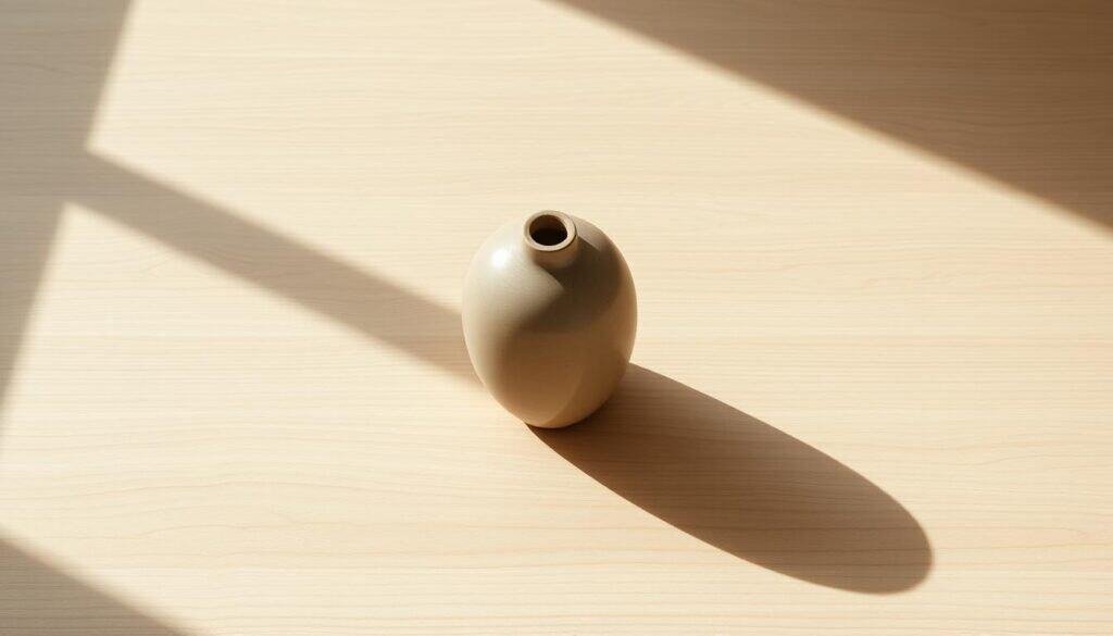 A serene, handcrafted ceramic vase stands alone on a smooth, neutral-toned wooden surface, basking in soft, natural light. The vase features a simple, organic shape with a matte, earthy glaze, lending an air of tranquility and understated elegance. Shadows softly caress the form, creating depth and dimension. The overall composition evokes a sense of calm introspection, inviting the viewer to pause and appreciate the beauty of this handmade piece within a minimalist, harmonious setting.