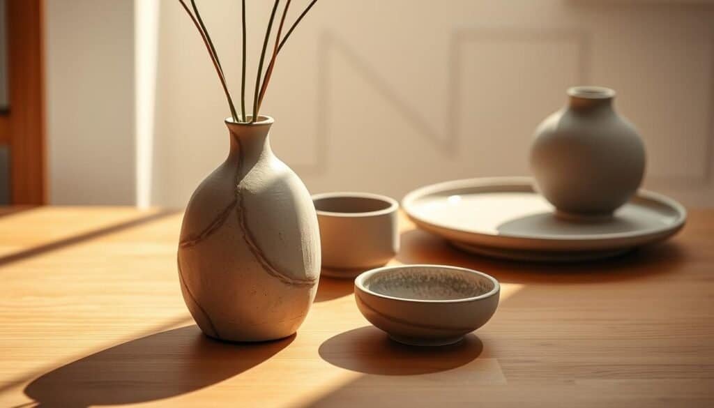 A serene, handcrafted clay art composition for modern home décor. In the foreground, a subtly textured ceramic vase with organic, minimalist forms, bathed in warm, diffused natural light. The middle ground showcases a small ceramic bowl with a matte glaze finish, complementing the vase. In the background, a simple yet elegant ceramic platter with a subtle geometric pattern rests on a wooden surface, creating a calming, grounded atmosphere. The overall scene conveys a sense of tranquility, inviting the viewer to pause and appreciate the beauty of handmade, artisanal home accents.