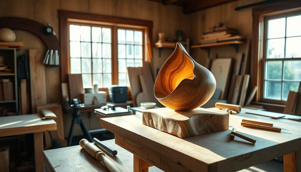 A serene home woodworking workshop, sunlight filtering through large windows, illuminating a beautifully crafted wooden sculpture on a sturdy workbench. Smooth, sanded surfaces, the warm scent of freshly cut timber, and the gentle whirr of power tools create a calming, meditative atmosphere. A pair of skilled hands carefully shaping the wood, using a variety of hand tools with precision and focus. The finished piece, a unique and personal creation, radiates a sense of accomplishment and pride. The room is imbued with a tactile, tactile, and satisfying energy, inviting the viewer to experience the joy of creating something with their own hands.