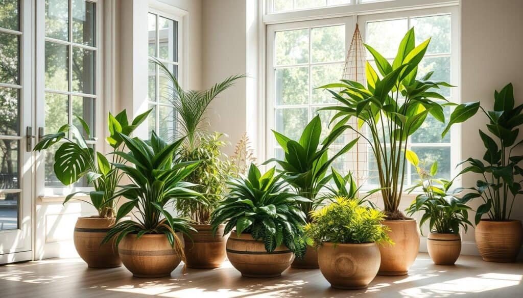 A serene indoor oasis, bathed in natural light filtering through large windows. At the center, a harmonious arrangement of lush, vibrant houseplants potted in smooth, weathered wooden containers. Soft shadows and highlights accentuate the organic textures, conveying a sense of tranquility and rejuvenation. The room's neutral tones and clean lines create a calming ambiance, inviting the viewer to experience the soothing, restorative power of nature's elements within the home.
