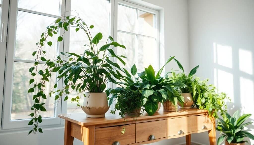 A serene indoor plant display featuring a variety of lush foliage plants artfully arranged on a wooden console table. Soft, natural light filters through large windows, casting gentle shadows and creating a calming, tranquil atmosphere. The plants are thoughtfully positioned, creating a visually balanced and harmonious composition. Trailing vines, upright stems, and layered textures add visual interest. Wooden accents and earthy tones complement the organic nature of the plants. The scene evokes a sense of serenity and peace, inviting the viewer to pause and appreciate the beauty of simple, natural elements in an indoor setting.