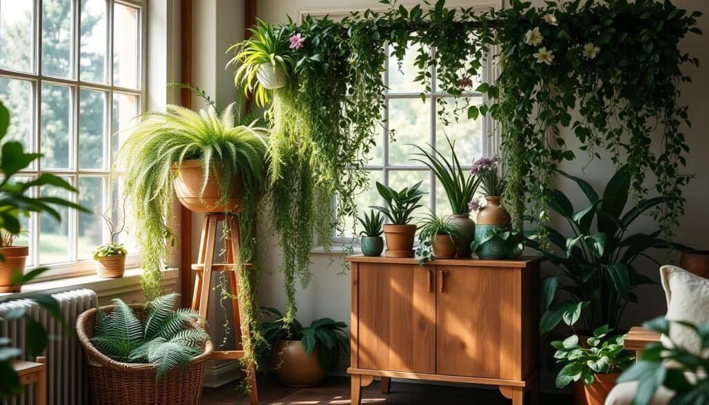 A serene indoor sanctuary where lush, verdant foliage cascades from a wooden plant stand, its rustic charm complementing the natural light streaming through wide windows. Delicate ferns, trailing vines, and vibrant blooms transform the space, creating a tranquil, rejuvenating atmosphere. The wooden plant stand, its smooth grain and organic silhouette, stands as a stylish yet functional centerpiece, blending seamlessly with the earthy tones and textures of the room. Soft, diffused lighting accentuates the rich hues and gentle shadows, evoking a sense of harmony between the living plants and the cozy, inviting interior. This serene, nature-inspired scene celebrates the power of greenery to revitalize and transform any living space.