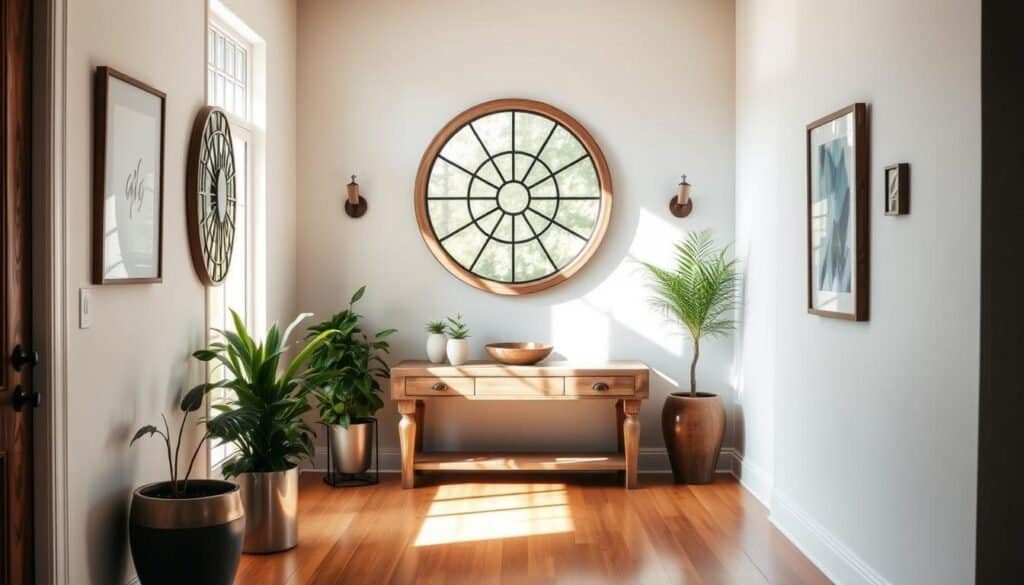 A serene, inviting entryway with a rustic wood-framed mirror reflecting natural light from nearby windows. The focal point is a large, circular wall mirror with intricate metal detailing, flanked by simple, minimalist wall decor. The flooring is a warm, polished hardwood, leading the eye towards a weathered wooden console table. Lush potted plants and a small decorative bowl add a touch of greenery, creating a calming, harmonious atmosphere. Gentle side lighting casts a soft glow, highlighting the entryway's clean, uncluttered design. The overall impression is one of tranquility and thoughtful, intentional styling.