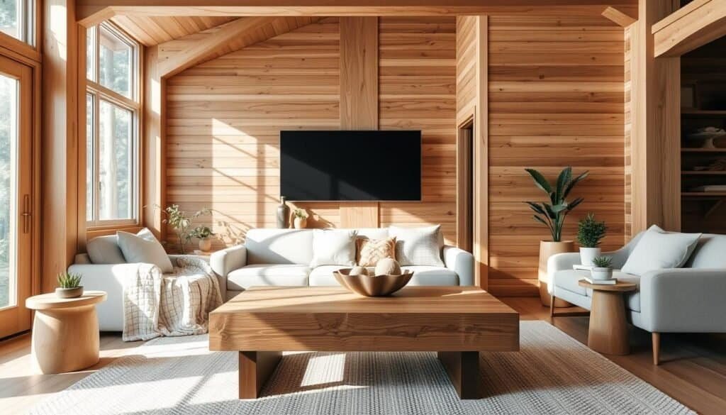 A serene living room with a warm, rustic aesthetic. Natural wood beams and paneling cast gentle shadows, accentuated by soft, diffused lighting. Intricate wood grain patterns and subtle knots draw the eye, complemented by plush textiles and minimalist décor. A hand-crafted coffee table from "The Sawdust Man" takes center stage, its smooth, polished surface reflecting the room's tranquil ambiance. Potted plants and earthy accessories add pops of organic greenery, balancing the earthy tones. The overall scene conveys a sense of harmony and relaxation, perfect for an article on soothing neutral wood tones.