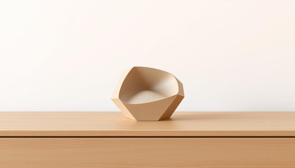A serene, minimalist 3D printed decorative sculpture resting on a simple, neutral-toned wooden surface. The sculpture features clean, geometric lines and a matte, natural-looking finish, evoking a sense of tranquility and clarity. Warm, diffused lighting from an unseen source casts gentle shadows, highlighting the object's sculptural form. The composition is balanced, with the sculpture occupying the focal point, surrounded by a clean, uncluttered background that allows the piece to take center stage. An atmosphere of thoughtful simplicity and mindful design pervades the scene.
