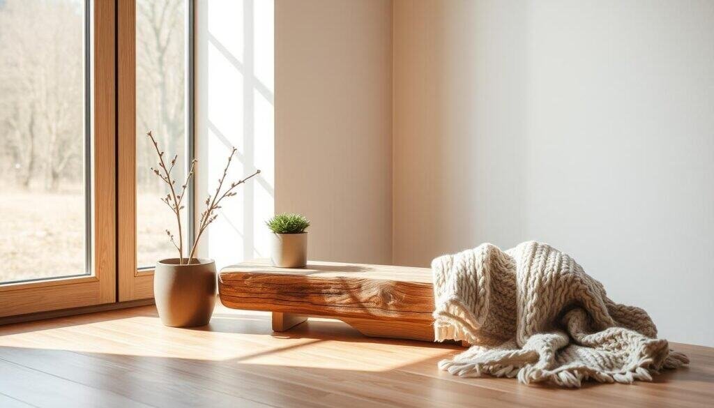 A serene, minimalist vignette showcasing a handcrafted wooden accent piece, softly illuminated by natural light filtering through a large window. The textured, earthy tones of the wood create a warm, inviting ambiance, complemented by subtly arranged decorative elements like a small potted plant and a cozy knit throw. The overall composition emphasizes simplicity, functionality, and a calming, meditative mood, capturing the essence of a DIY warm minimal accent project.