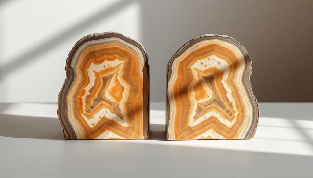 A serene, natural composition of two petrified wood bookends, their textured and weathered surfaces capturing the essence of the earth's ancient history. The bookends stand atop a simple, muted background, allowing their organic forms and warm, earthy tones to take center stage. Soft, diffused lighting casts gentle shadows, highlighting the unique patterns and intricate details of the petrified wood. The overall atmosphere evokes a sense of tranquility and a connection to the natural world, inviting the viewer to pause and appreciate the beauty of handcrafted, timeless decor.