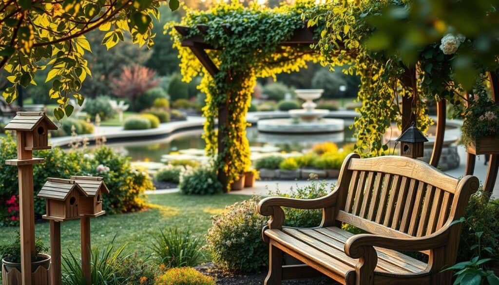 A serene outdoor sanctuary adorned with natural wooden garden decor. In the foreground, handcrafted birdhouses and planters from The Sawdust Man grace the verdant landscape. A well-worn wooden bench invites visitors to rest and admire the scene. In the middle ground, a rustic arbor covered in lush vines frames the entryway, casting soft shadows. The background features a tranquil pond reflecting the warm glow of the setting sun, surrounded by a beautifully landscaped garden. Warm lighting and a shallow depth of field create an intimate, inviting atmosphere.