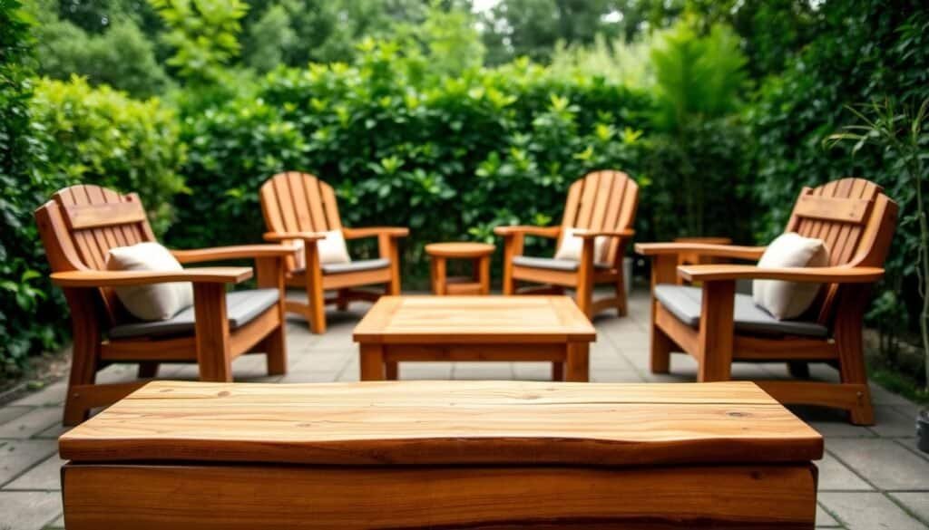 A serene outdoor scene, featuring a beautifully crafted wooden garden furniture set. In the foreground, a rustic wooden bench with smooth, gently curved slats invites relaxation. Behind it, a pair of matching wooden armchairs with plush cushions stand ready for cozy conversation. The middle ground showcases a wooden coffee table, its surface polished to a warm, honey-like glow. In the background, lush greenery frames the scene, creating a natural, earthy ambiance. Soft, diffused lighting bathes the setting, highlighting the natural beauty and warm tones of the wood. The overall composition evokes a sense of tranquility and a deep appreciation for the timeless appeal of natural materials in outdoor spaces.