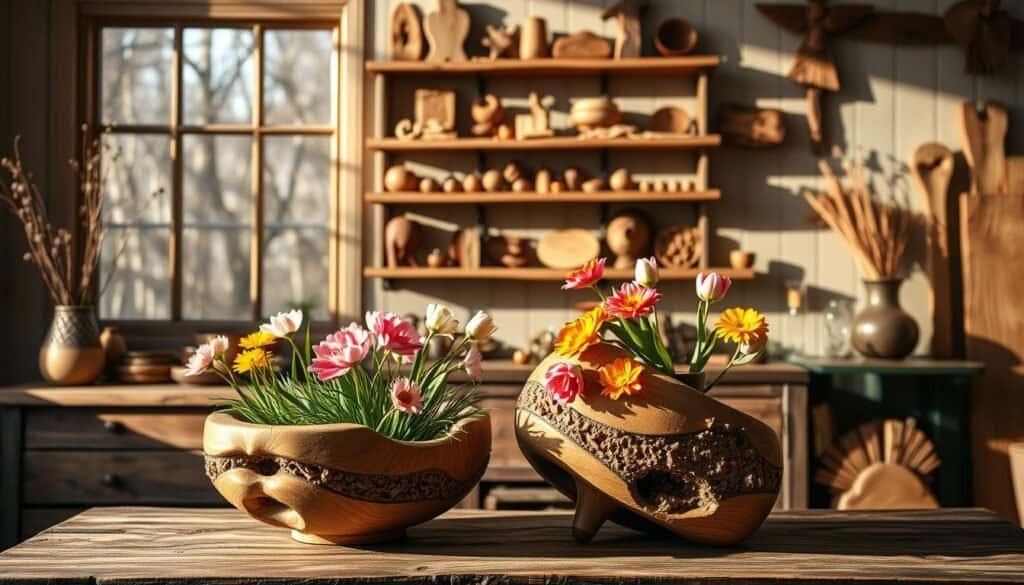 A serene scene of spring-inspired wood décor, showcasing the craftsmanship of "The Sawdust Man". In the foreground, a beautifully carved wooden bowl filled with vibrant spring blooms, nestled atop a rustic wooden table. The middle ground features a wall-mounted wooden shelving unit displaying an array of handcrafted wooden trinkets and ornaments, casting warm, natural shadows. In the background, a large window allows soft, diffused sunlight to filter in, highlighting the organic textures and hues of the wooden elements. An atmosphere of renewal and coziness pervades the scene, capturing the essence of spring-inspired wood décor.