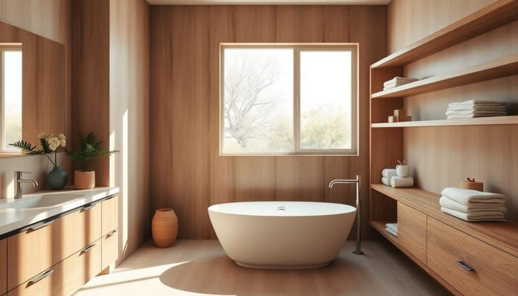A serene spa-like bathroom with warm wooden accents. Natural light filters through a large window, casting a soft glow on the smooth, clean-lined vanity and floating shelves. Plush towels and a potted plant add organic textures, while a freestanding tub takes center stage, inviting relaxation. Sleek fixtures in muted tones complement the overall soothing aesthetic. The wood grain patterns on the cabinetry and shelves add depth and visual interest, creating a harmonious, nature-inspired atmosphere.