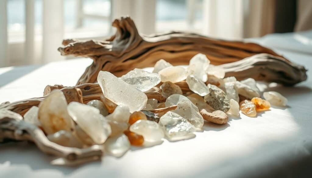 A serene still life arrangement of naturally weathered beach glass and driftwood collected along the shoreline. Sunlight filters through the translucent shards, casting soft shadows on the raw, textured wood. The objects are carefully curated and displayed on a linen-covered table, conveying a sense of tranquility and mindful living. The overall composition has a warm, earthy palette and a focus on the organic beauty of these upcycled materials. The camera captures the scene with a shallow depth of field, drawing the viewer's attention to the delicate details.