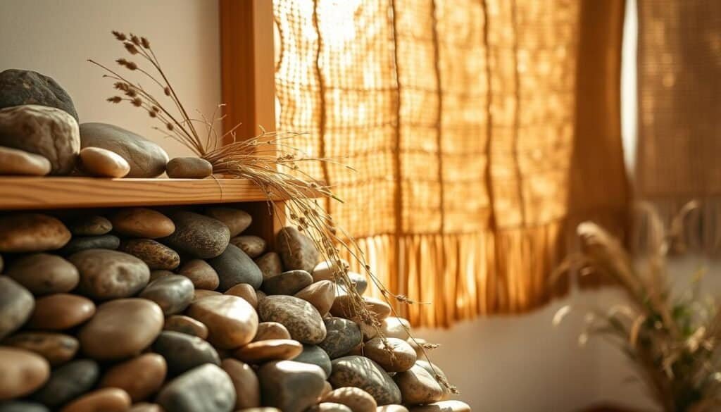 A serene, sunlit room filled with natural textures and organic shapes. Smooth river stones cascade down a wooden shelf, their surfaces glistening under warm, diffused lighting. Beside them, delicate wisps of dried grasses and fragrant herbs spill over the edge, their soft hues and textures evoking a sense of tranquility. In the background, a woven tapestry hangs, its intricate patterns creating a calming, earthy backdrop. The overall composition is a harmonious balance of form, color, and tactile elements, inviting the viewer to slow down, touch, and immerse themselves in the restorative power of nature.