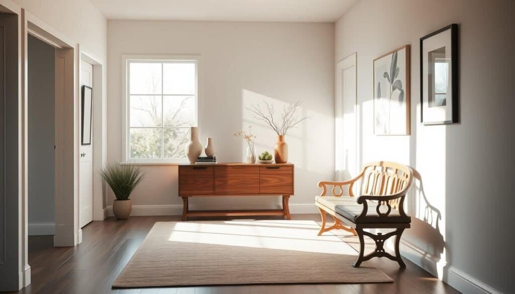 A serene, well-lit entryway with a natural, earthy palette. Sunlight streams through a large, airy window, casting a warm glow on a polished wooden console table. Decorative vases, books, and greenery adorn the surface, creating a sense of tranquility. The floor is covered in a plush, neutral-toned rug, and the walls are adorned with minimalist artwork. An elegant, wooden bench invites visitors to pause and take in the calming atmosphere. The entryway exudes a refined, yet inviting ambiance, setting the tone for the rest of the home.